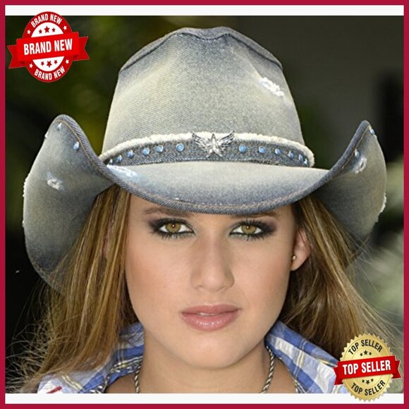 Denim Western Cowboy Hat with Silver Wings, 3 3/4\